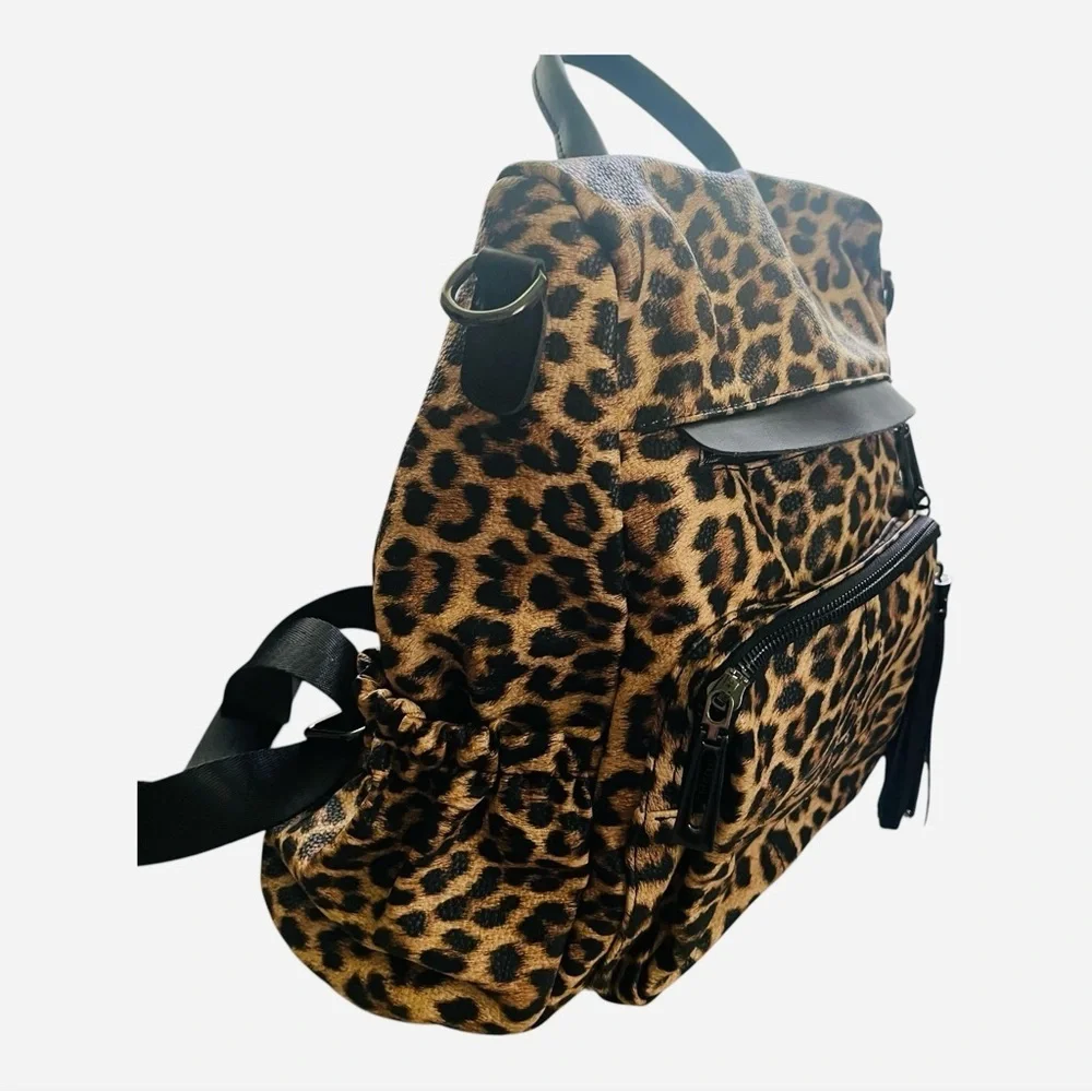 NWNT leopard print book bag backpack school bag side pockets zipper